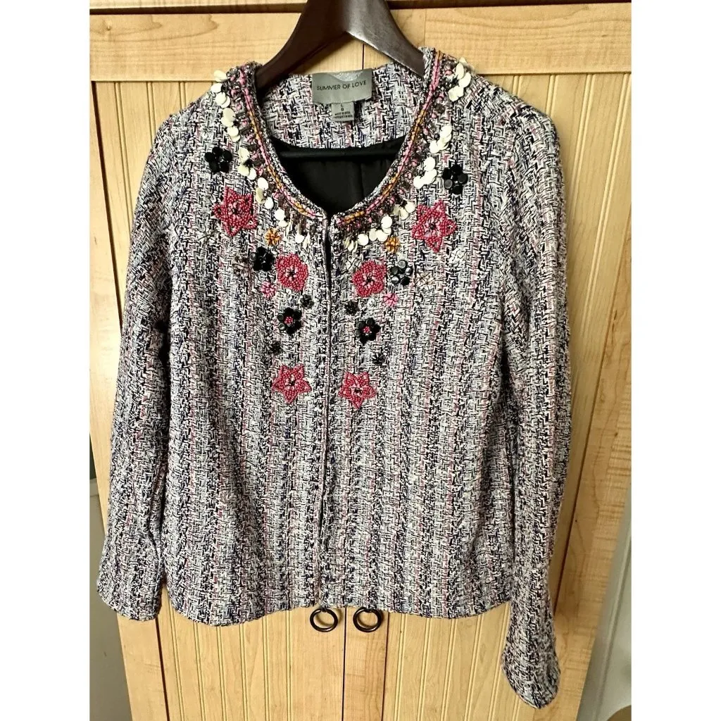 Anthropologie Summer Of Love Suzy Jacket Blazer Pink Rose Embellished Tweed Sz L Size L - Image 6