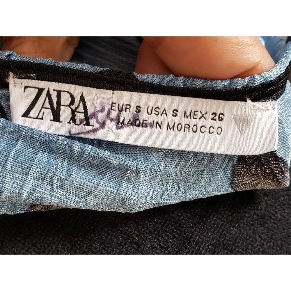 Zara Fit & Flare Dress Womens S Blue Black Polka Dot Shoulder Long Sleeve V Neck - Image 3