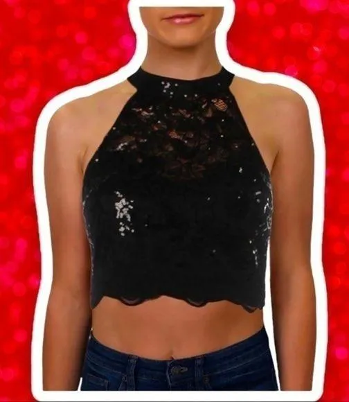 CITY STUDIO 3 Lace Sequin Halter Crop Top Tank Black Size undefined - Image 2