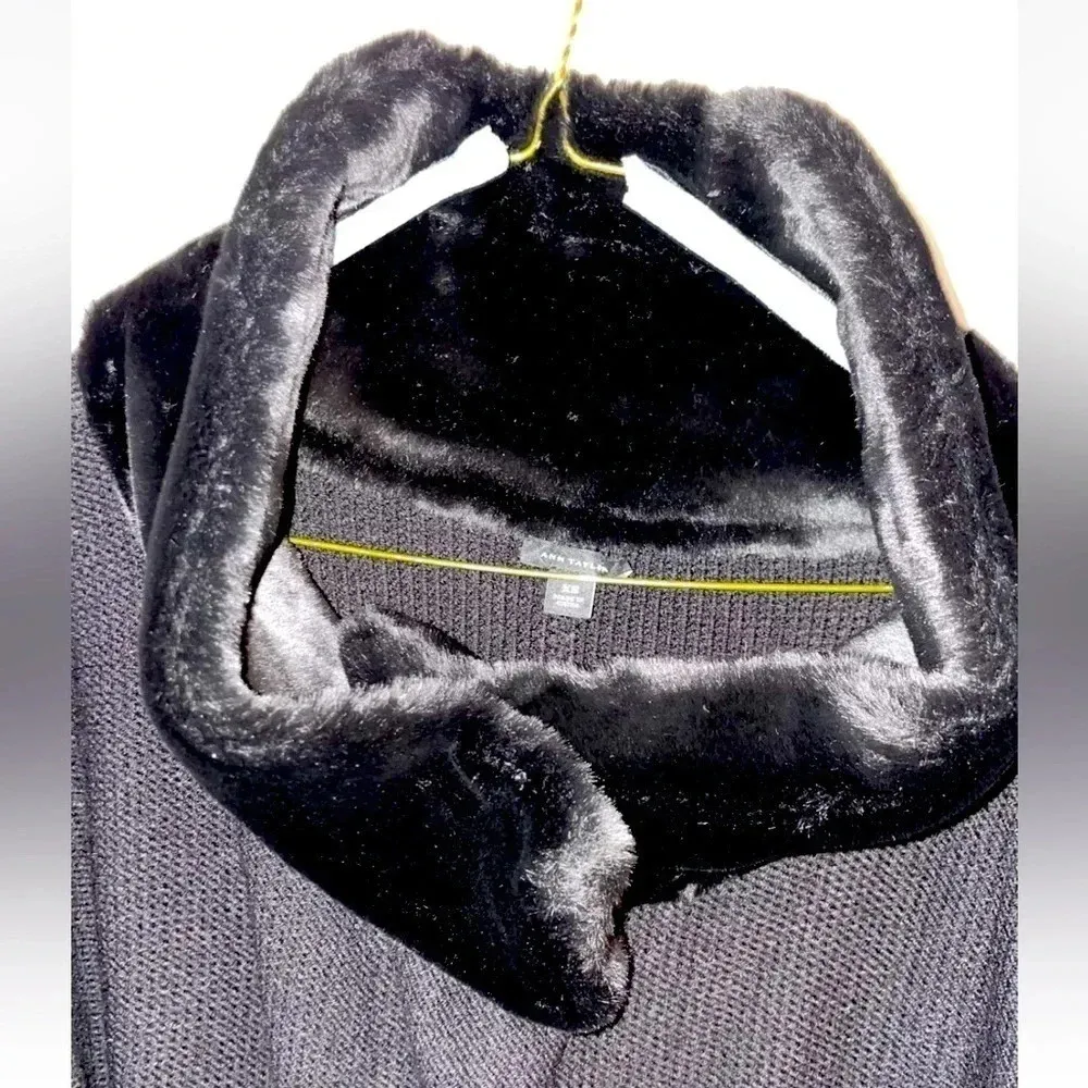 Ann Taylor | Black 3/4 Length Sleeve Merino Wool Cardigan Faux Fur Collar XS EUC - Image 8