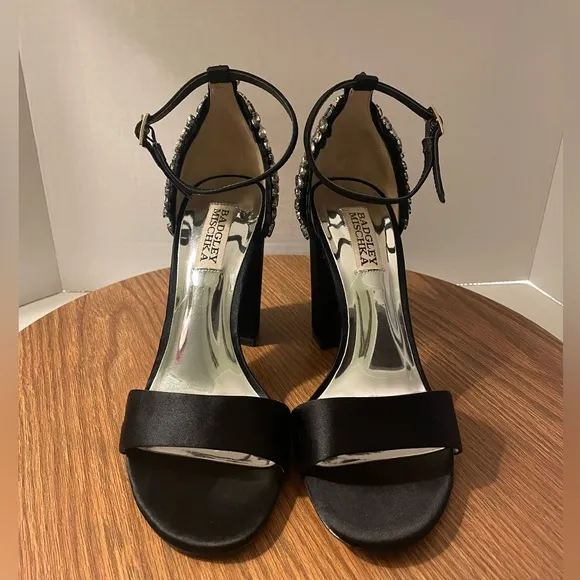 Badgley Mischka Ainsley Crystal Embellished Black Satin Heels Sandals-7 - Image 2