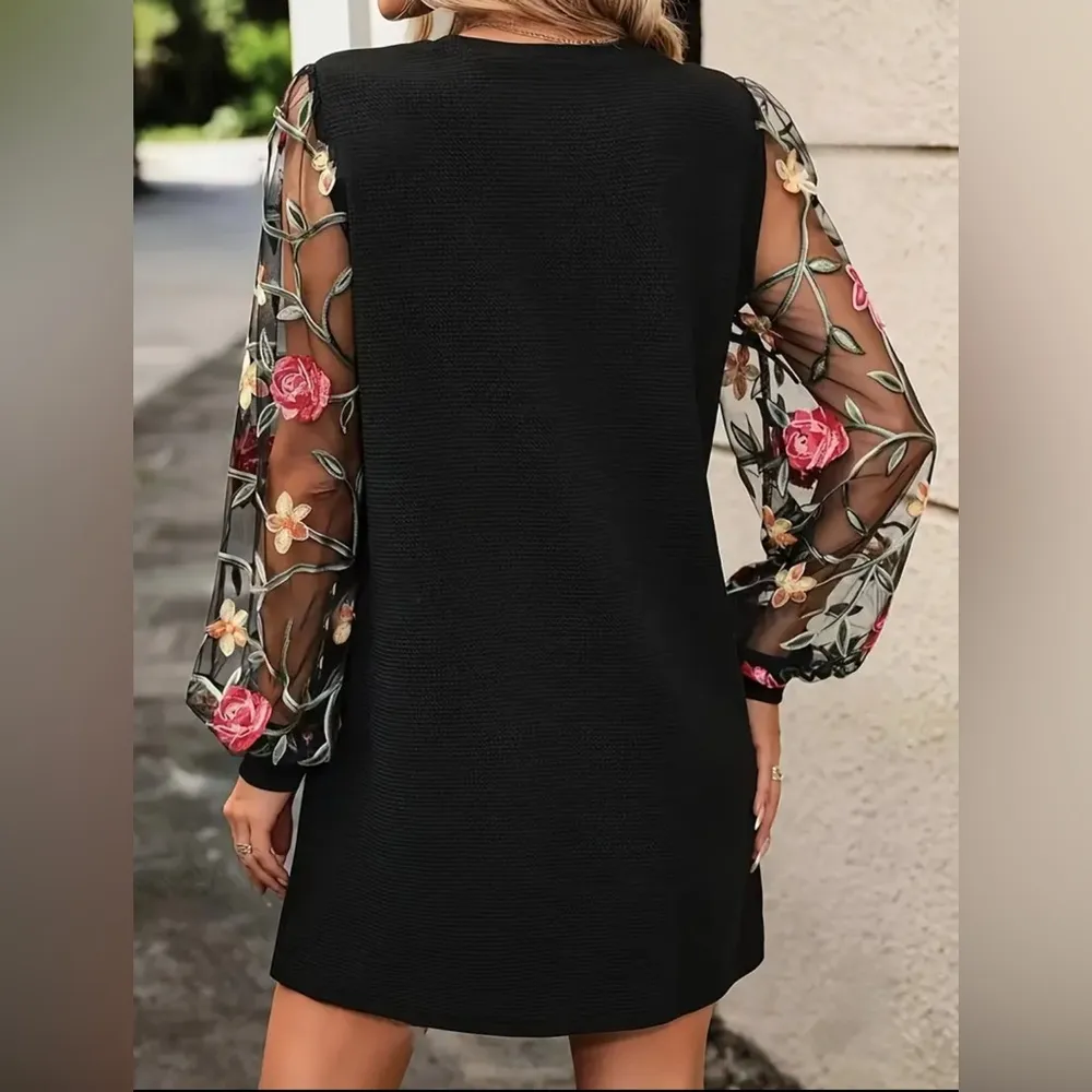 Black Mini Dress with Embroidered Sheer Lantern Sleeves – Boutique – Size XL - Image 5