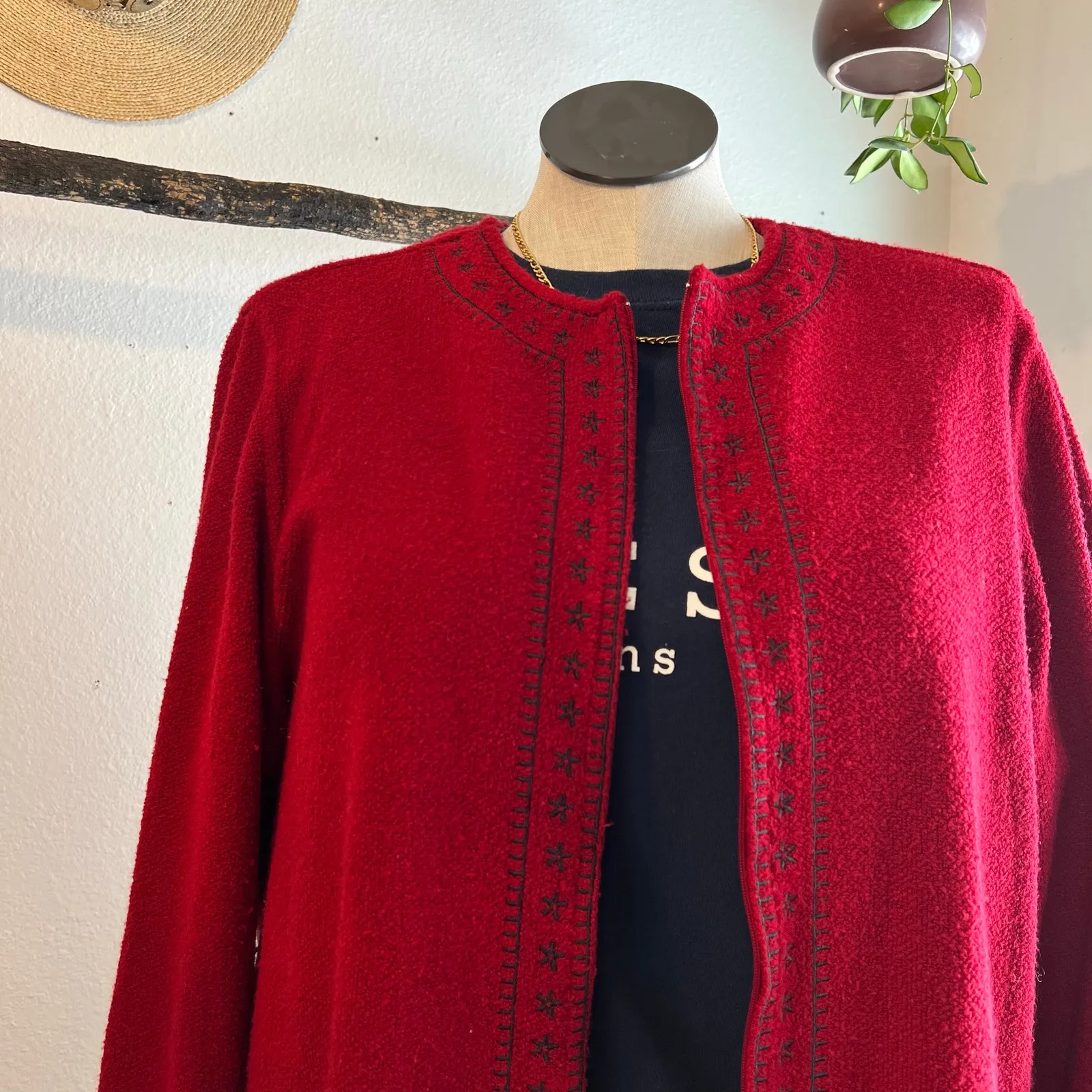 Vintage 90s Soft Red Zip Up Floral Embroidered Cardigan Sweater Size XL - Image 8