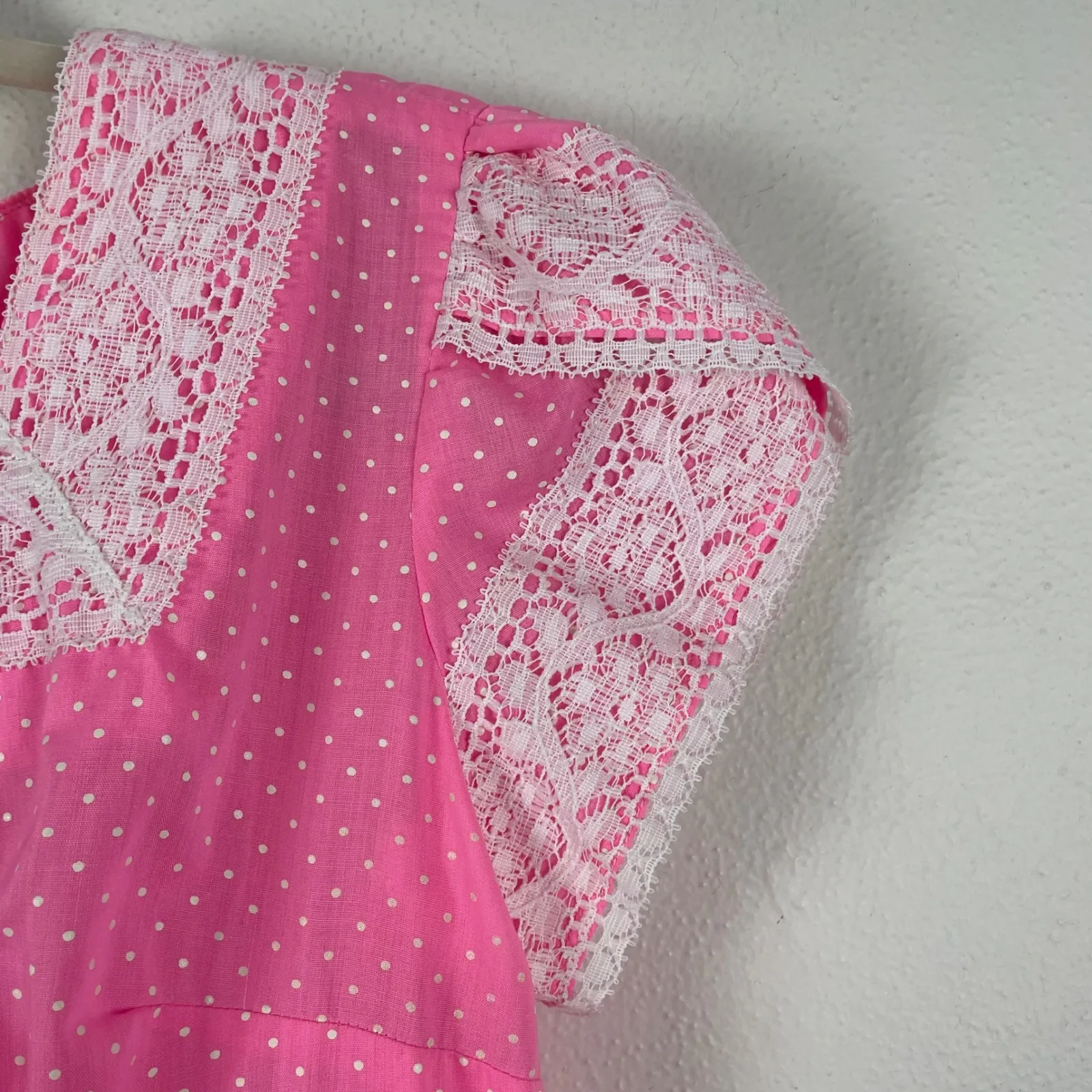 Kate Schorer Originals Pink White Polka Dot Lace Prairie Dress VTG Square Neck M Size M - Image 6