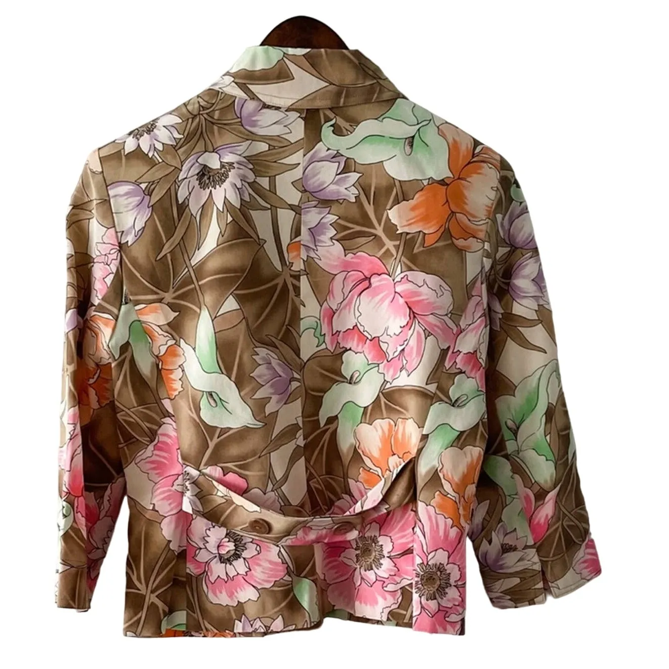 Vintage 100% silk floral cropped 3/4 sleeve blazer jacket pink tan size 4 - Image 5