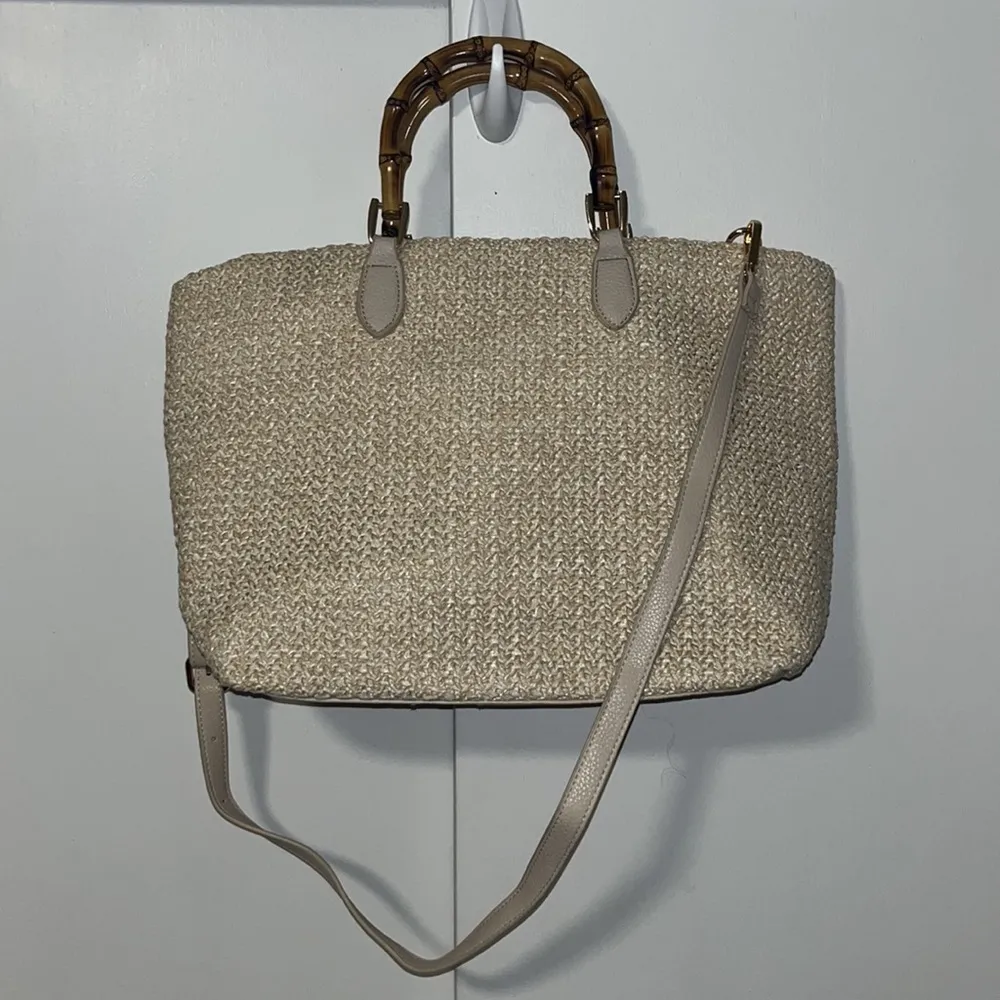 Isla Tote Bag Vegan Straw & Bamboo Handles Ivory Cream Purse Crossbody - Image 10