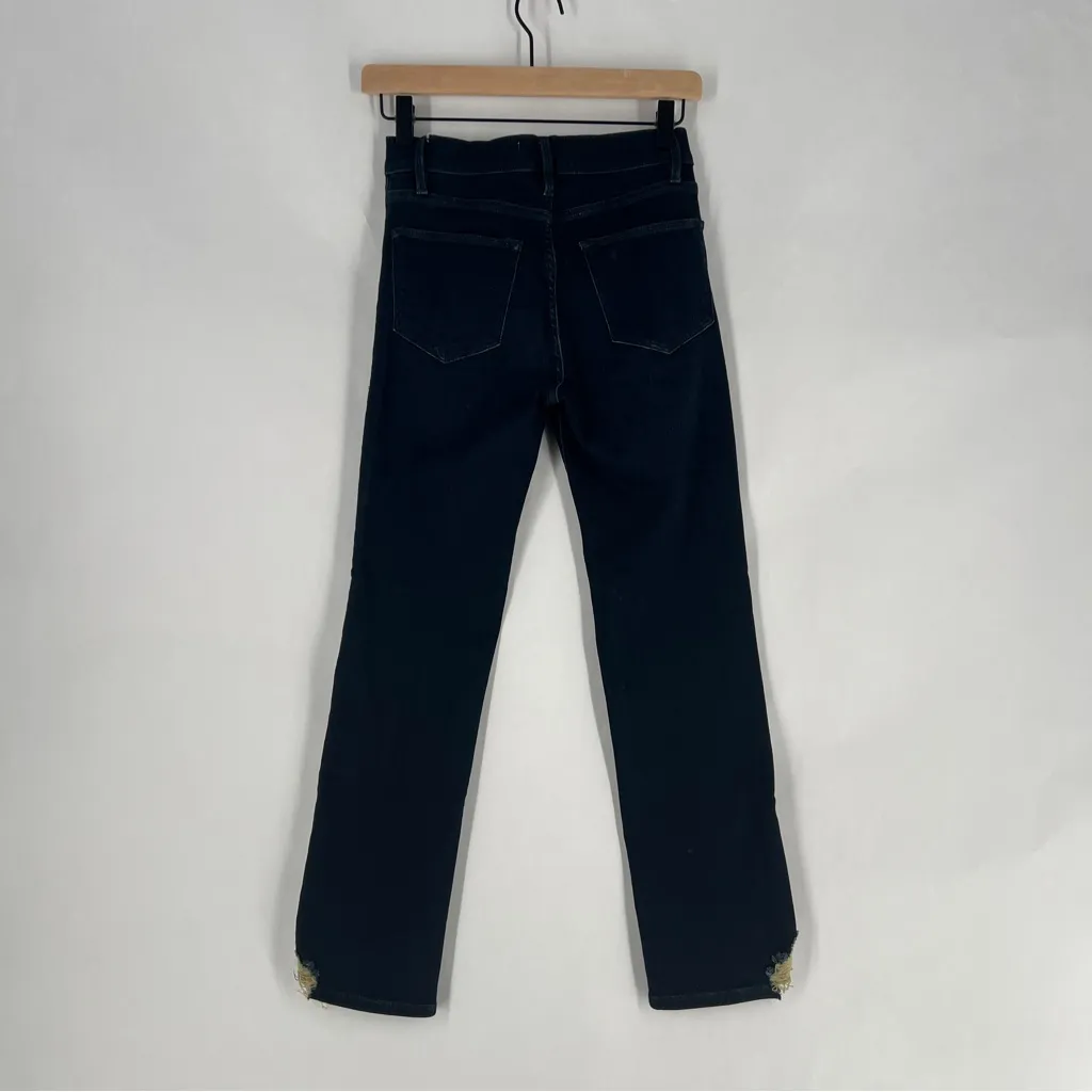 Frame Le High Straight Stretch Denim Dark Wash Denim High Rise Ripped Crop Jeans - Image 6