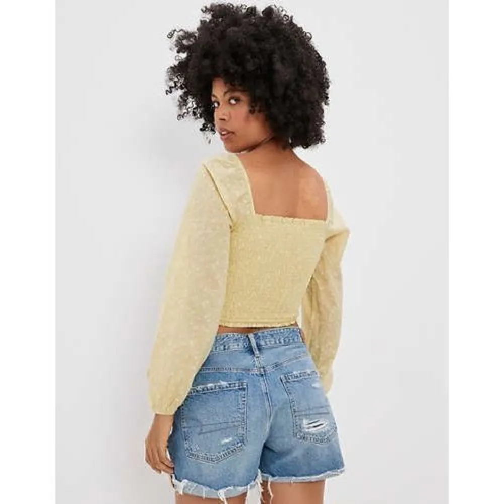 Aerie Square Neck Smocked Bishop Sleeve Crop Top Brown Size L - Image 2