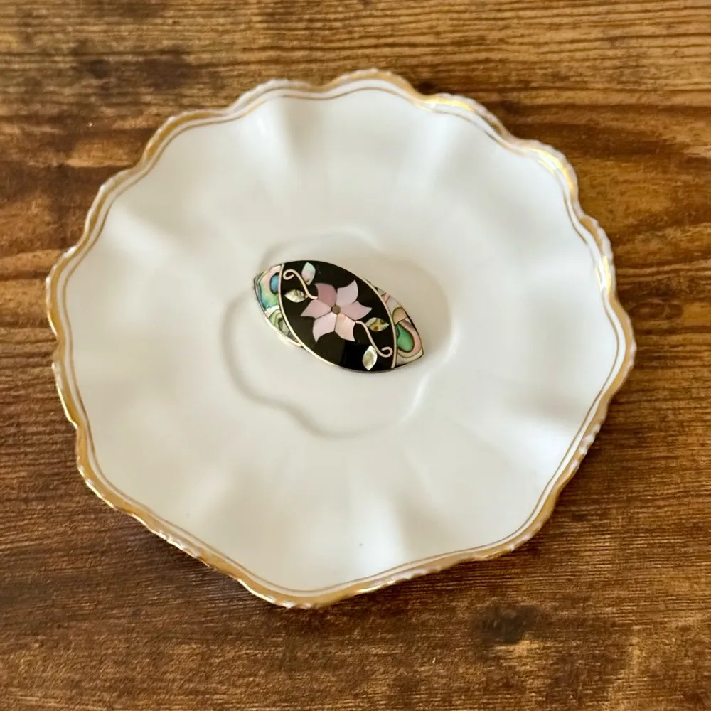 Alpaca Mexico Abalone Mother of Pearl Onyx Inlay Flower Brooch Pin Black - Image 3