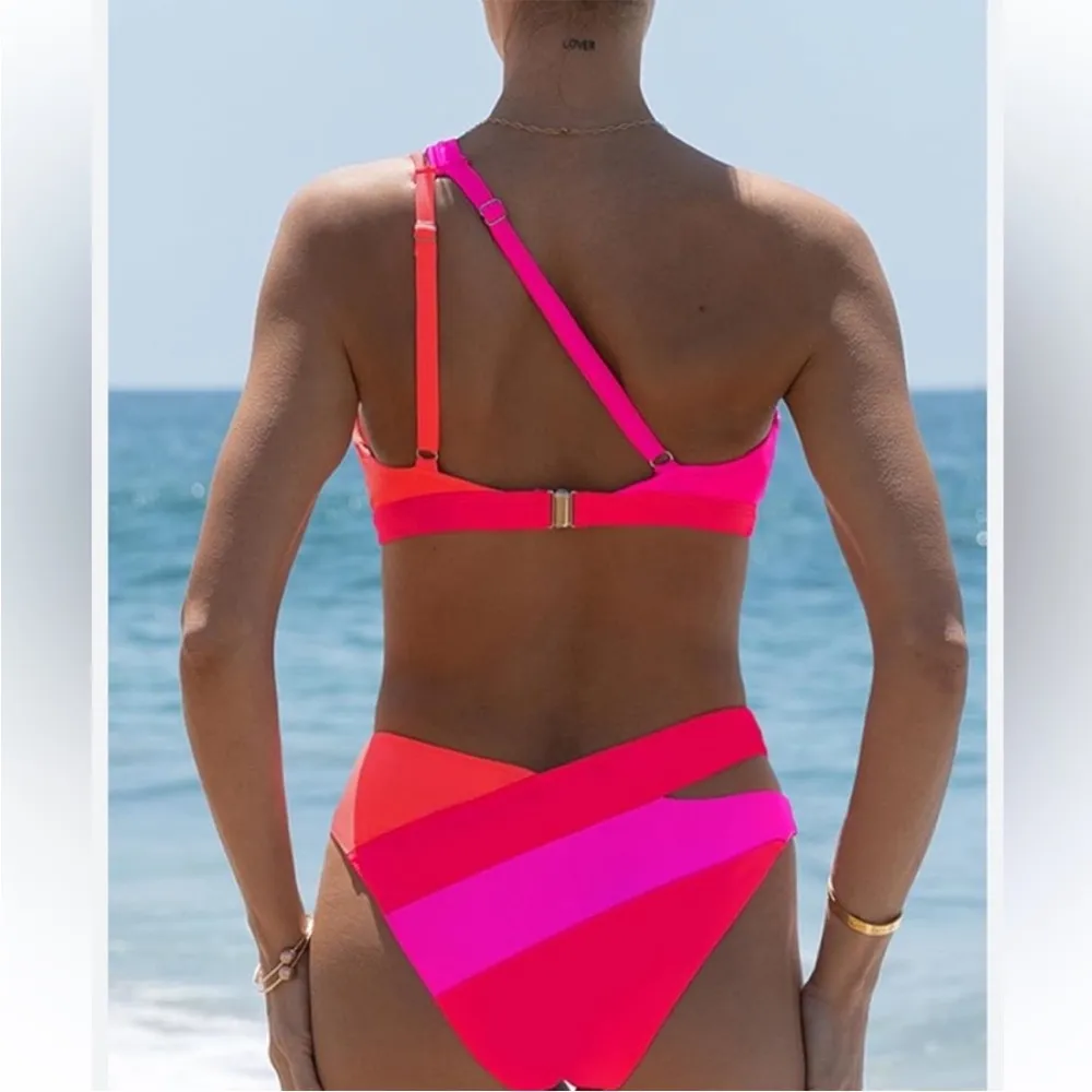 Popvil neon bright bikini set cut out one piece NWT size XL swimsuit swimwear Pink - Image 2