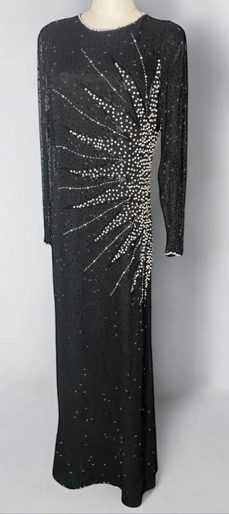 Stunning
Vintage Oleg Cassini Black Silk Beaded & Sequin Gown, Starburst Size 10 - Image 1