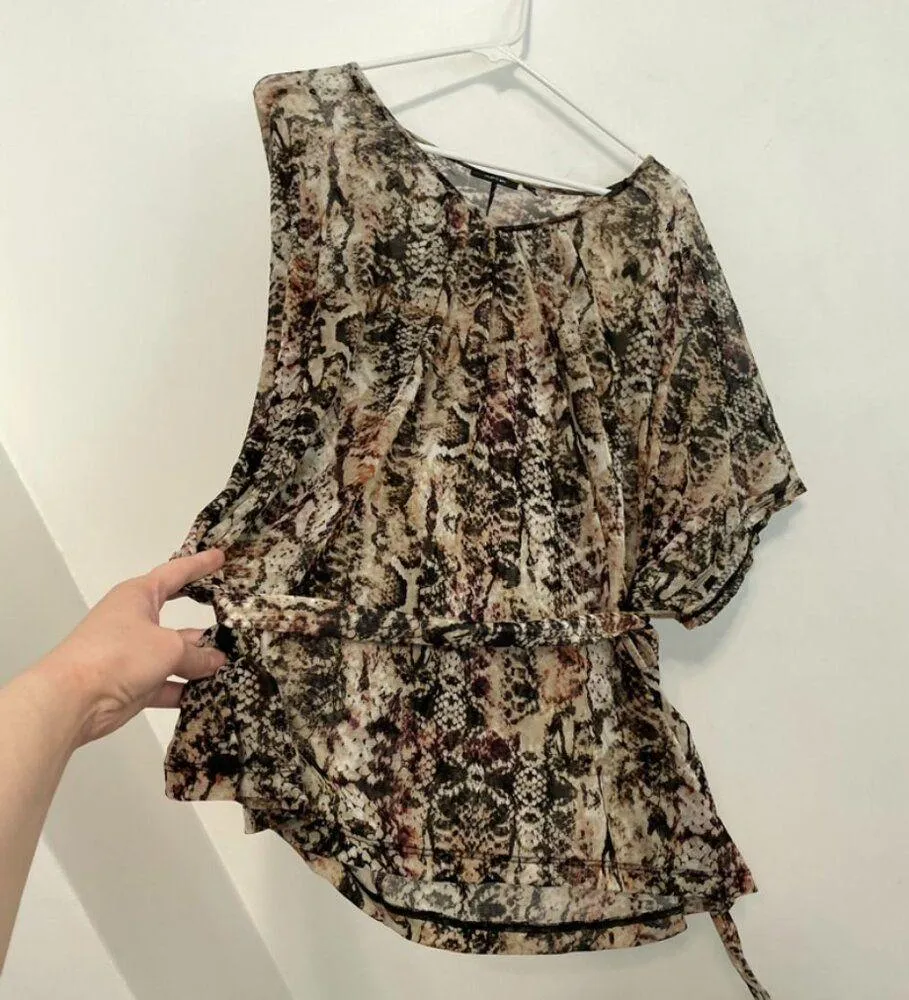 APT. 9 Plus Size Cream Beige Black Brown Snakeskin Snake Belted Tie Mesh Blouse - Image 8