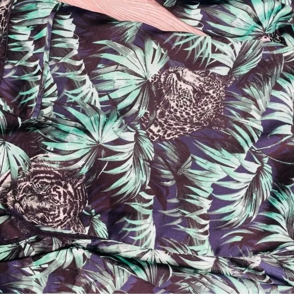 Zara Basic Green Tropical Palm leaf Leopard Open Front Blazer jacket small - Image 2