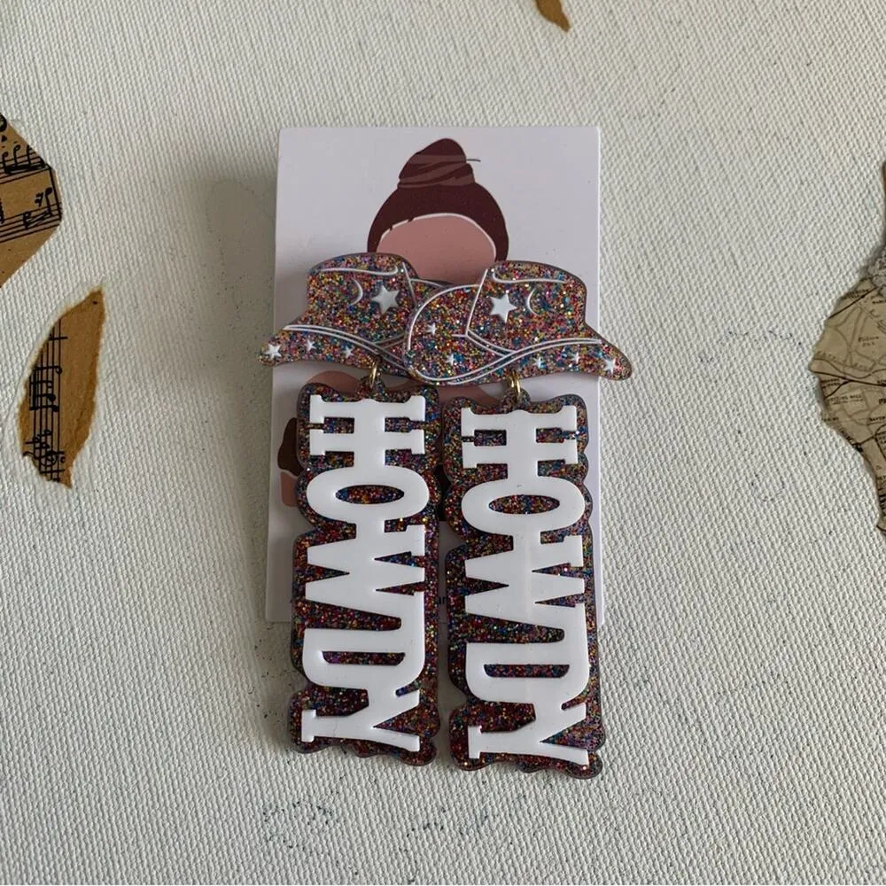 Disco Cowgirl Howdy Multicolor Glitter Charm Drop Festival Statement Earrings - Image 2