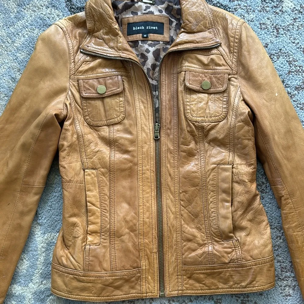 Black Rivet  Leather Jacket Cognac XS - Image 2