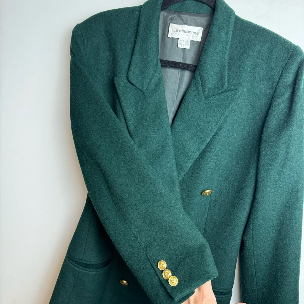 Vtg Liz Claiborne Wool Cashmere Double Breasted Blazer Jacket Sz 8 Green - Image 7