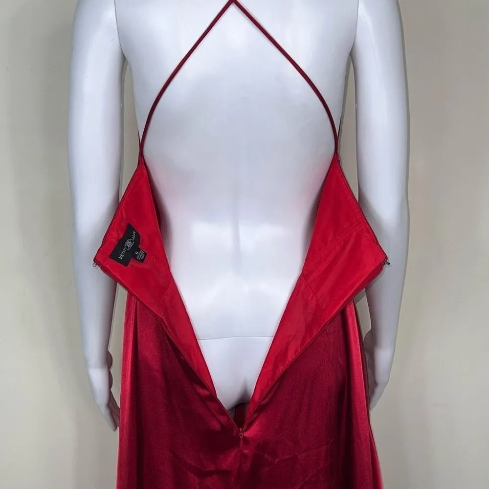 Betsy & Adam Criss Cross Back Spaghetti Strap Satin Gown - Image 7