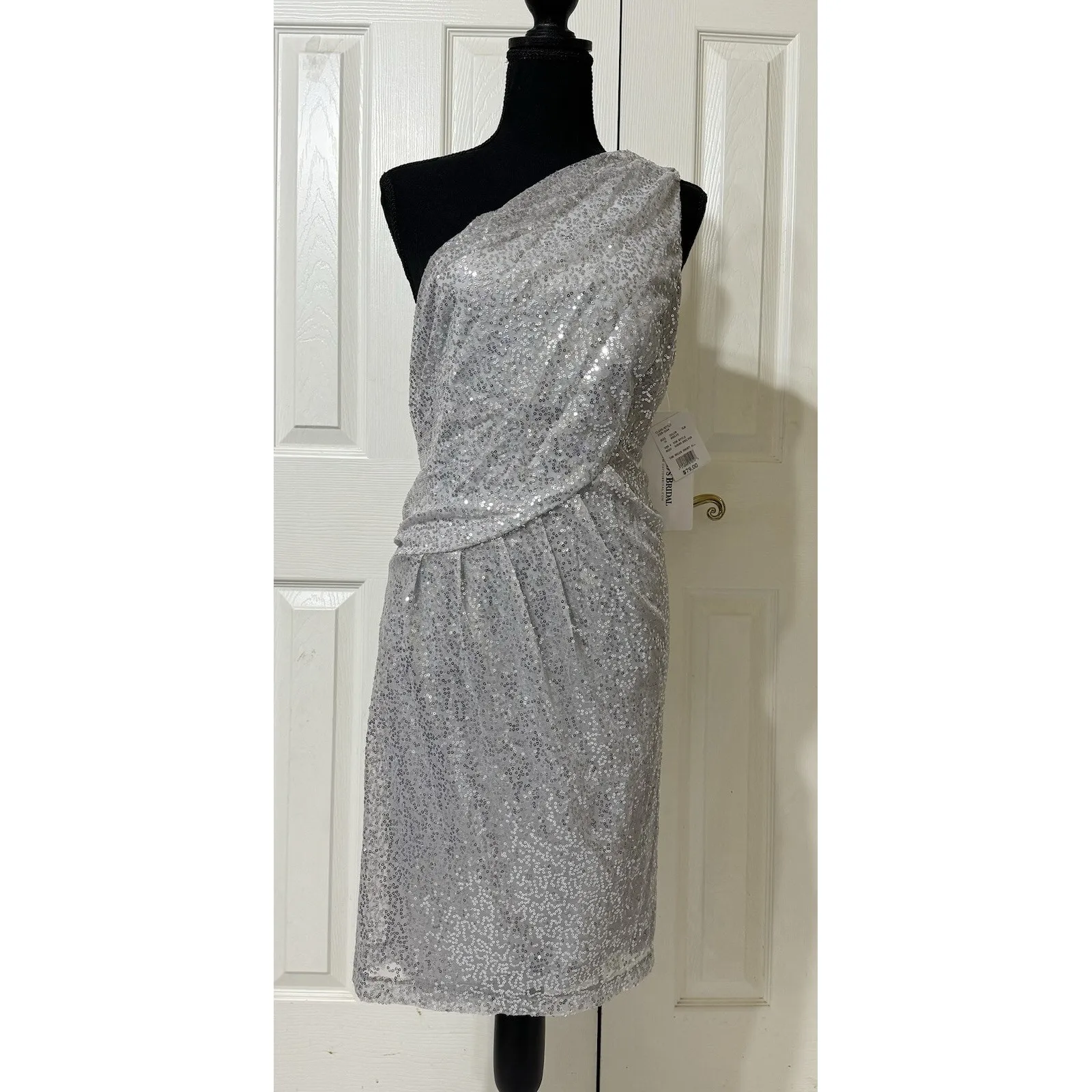 NWT‎ David's Bridal Gray Knee-Length one shoulder all over sequin dress-size 14 - Image 3