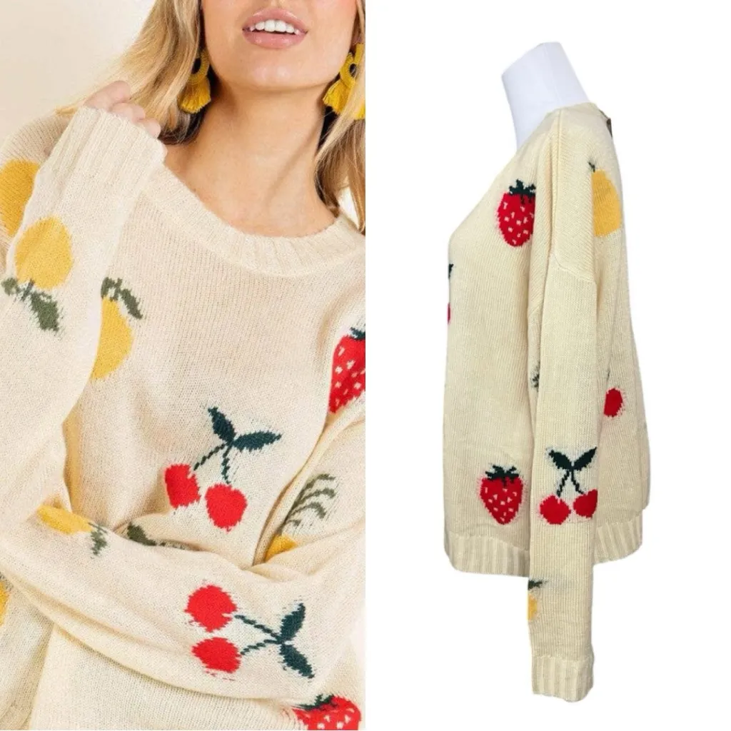 Olive & Leaf $60 Fruit Salad Sweater Cream sz LARGE NWT Nostalgic Eclectic Soft Size undefined - Image 4