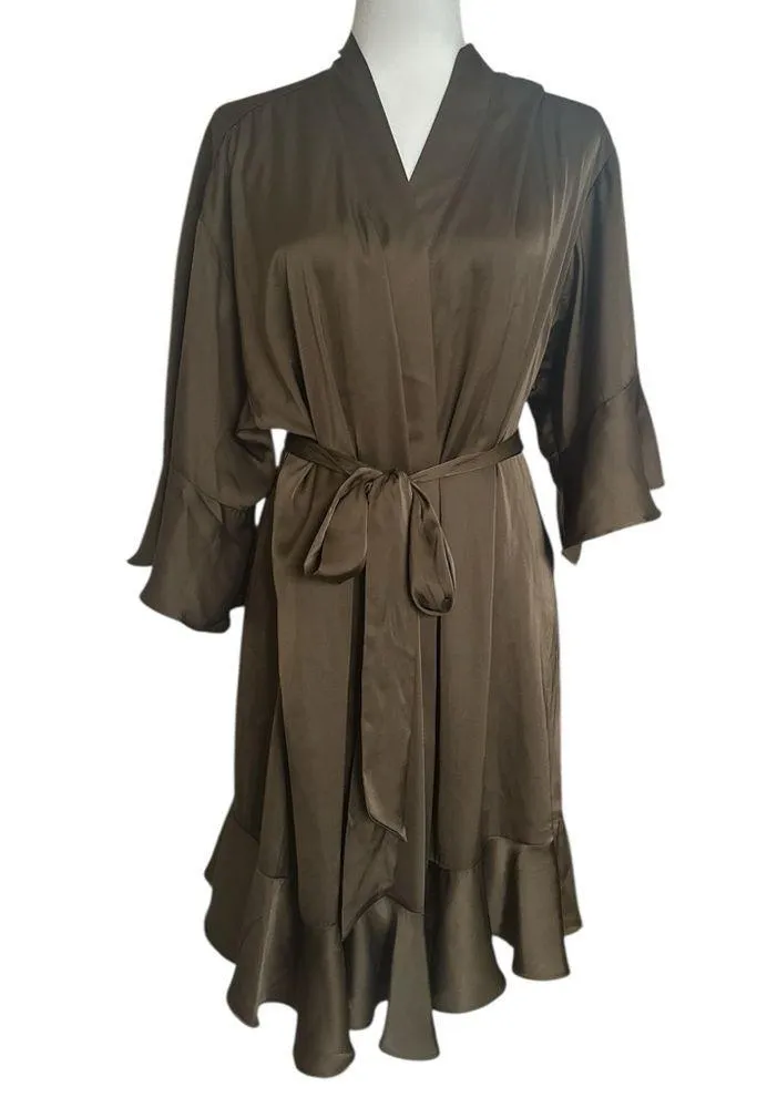 BIRDY GREY KENNY RUFFLE SHINY SATIN OLIVE GREEN WRAP AROUND ROBE M L - Image 5