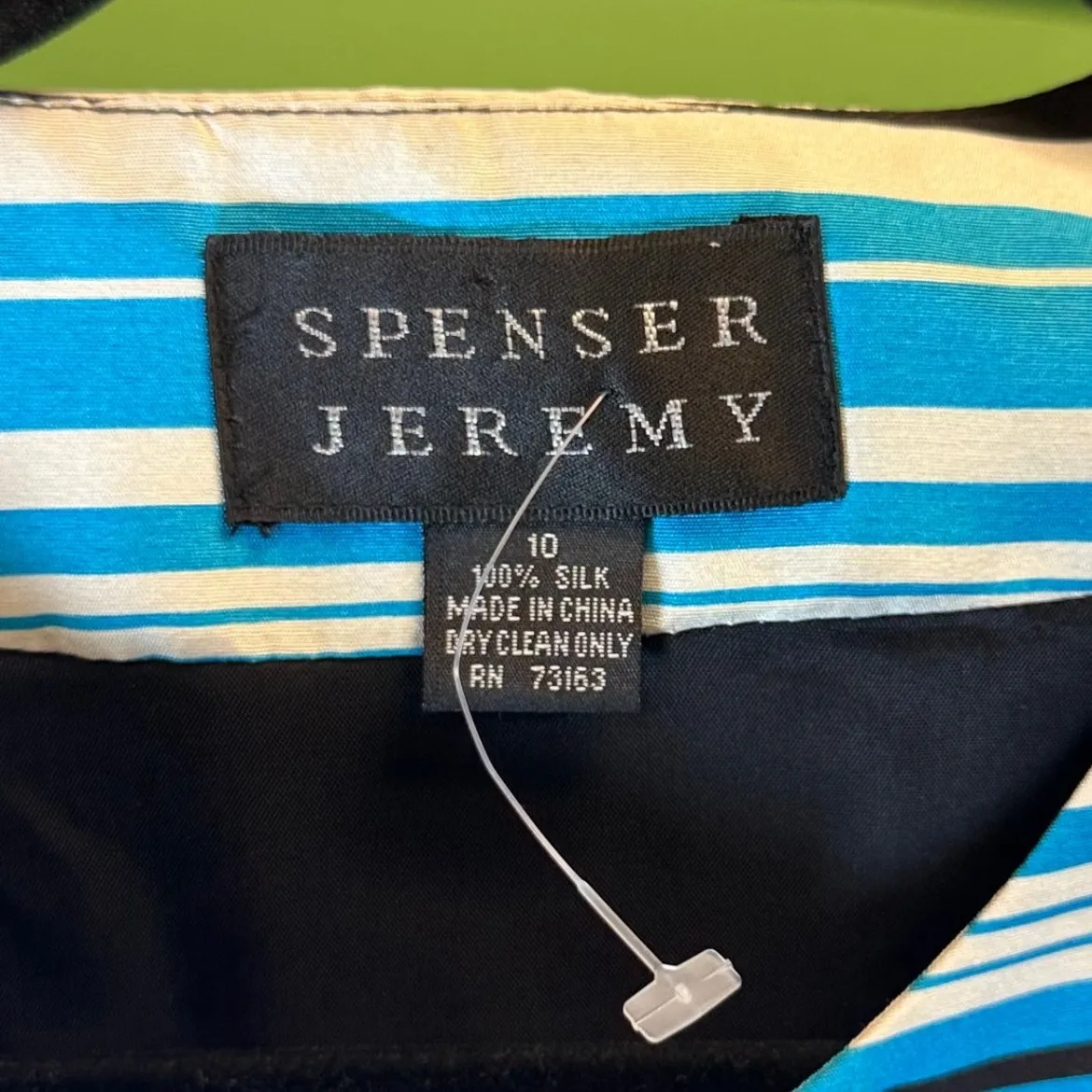 Spenser Jeremy Striped 100% Silk Blazer Jacket & Pants Suit Set Size 10 Blue - Image 4