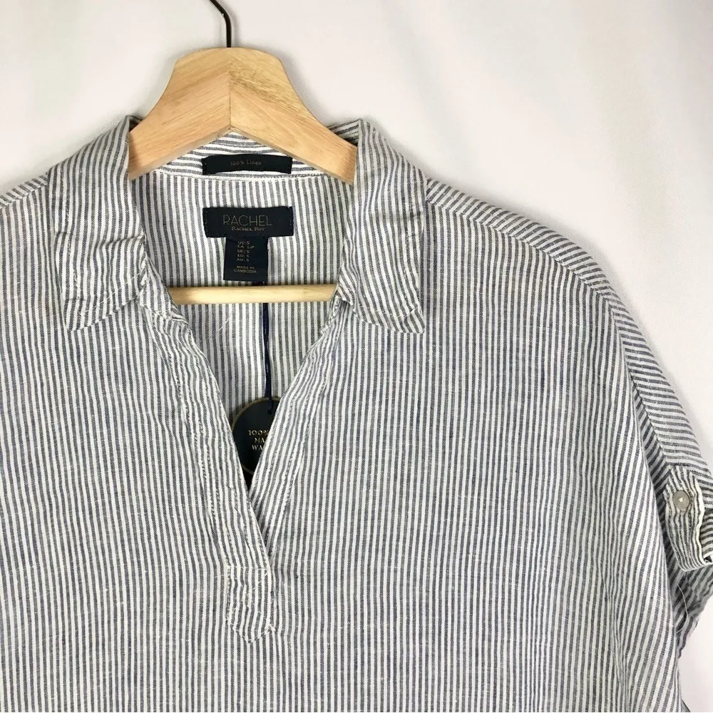 Rachel Rachel Roy Blue & White Pinstripe Popover Linen Short Sleeve Top S - Image 3