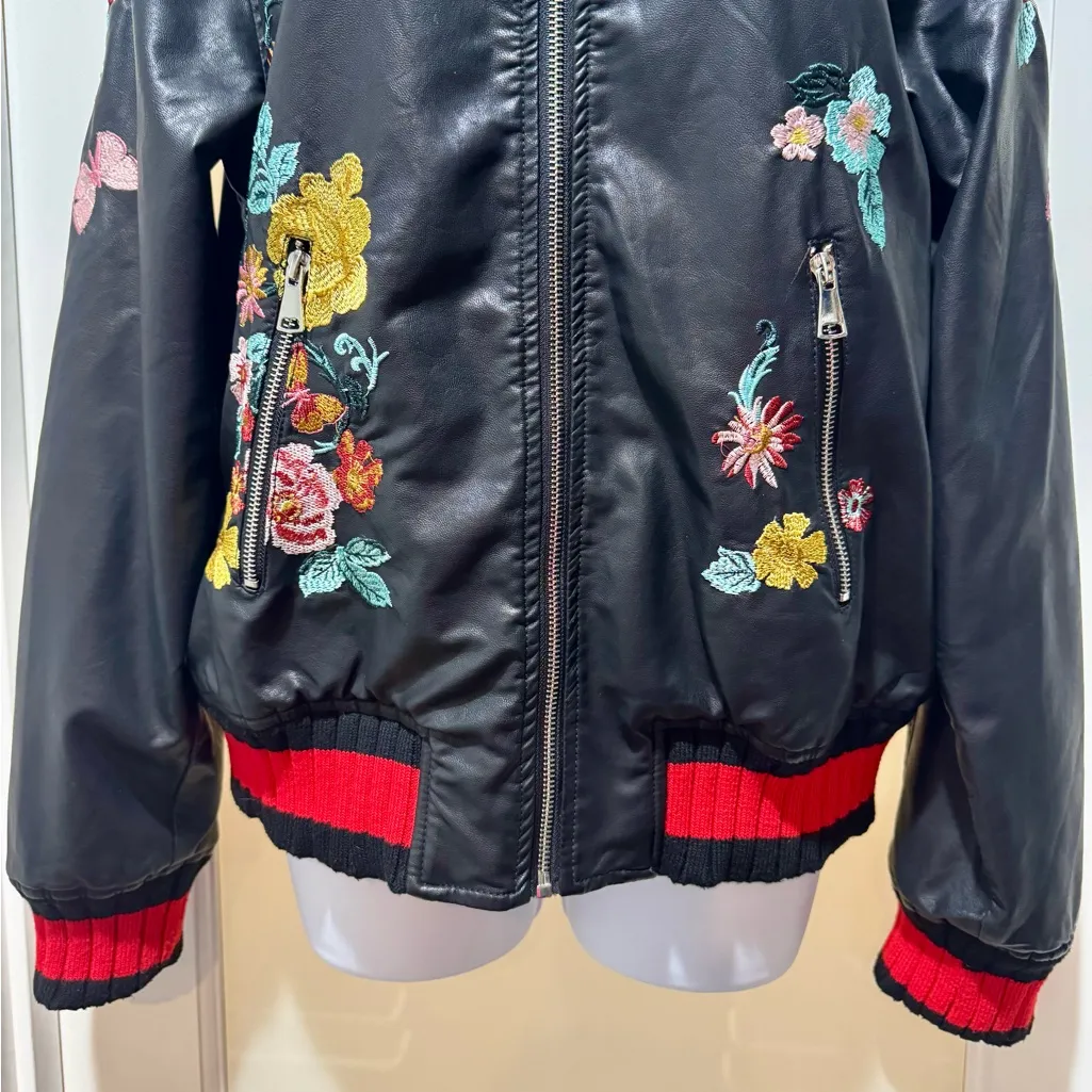 Groovy Monkey L Black Floral Embroidered Bomber Jacket Faux Leather Size L - Image 3