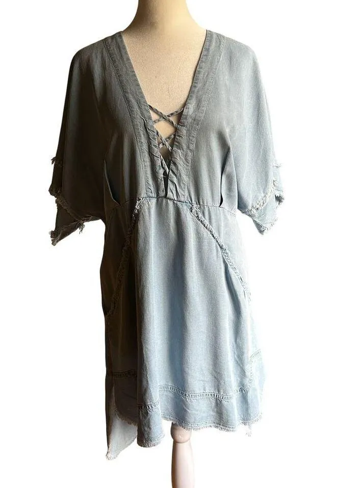 SUBOO | Dubious Hemingway Denim Chambray Raw Hem Dress Swim Cover Up| Sz 6 Blue - Image 2