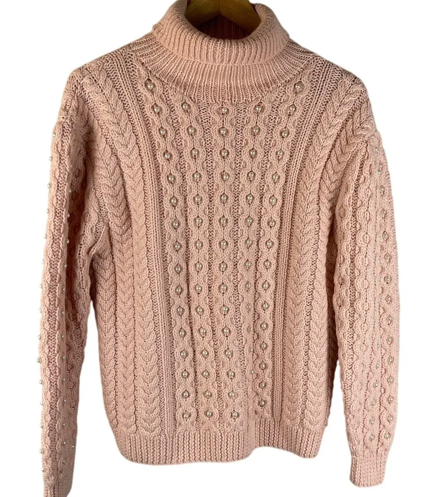 Vintage 80’s STUDIO Pink Cable Knit Pearl Embellished Wool Sweater Size Medium - Image 1