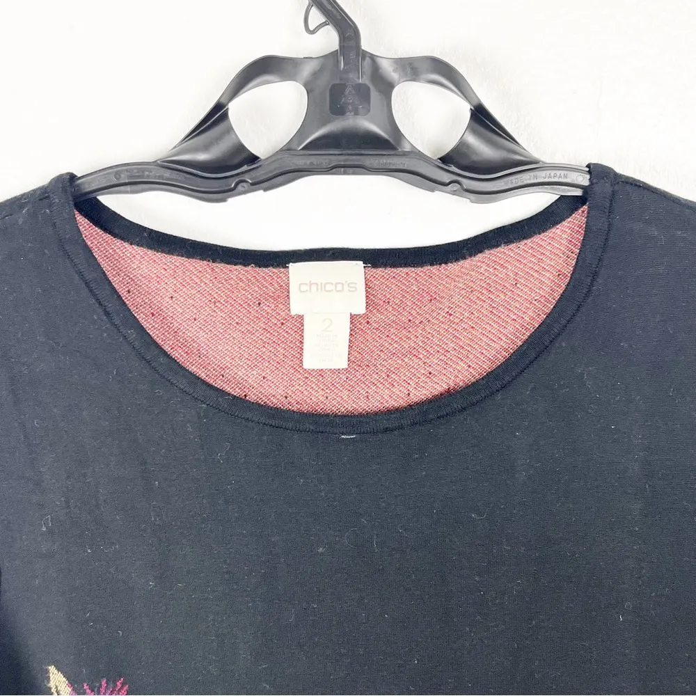 CHICO’S Black Floral Embroidered Tie Bell Sleeves Top, Size Large - Image 6