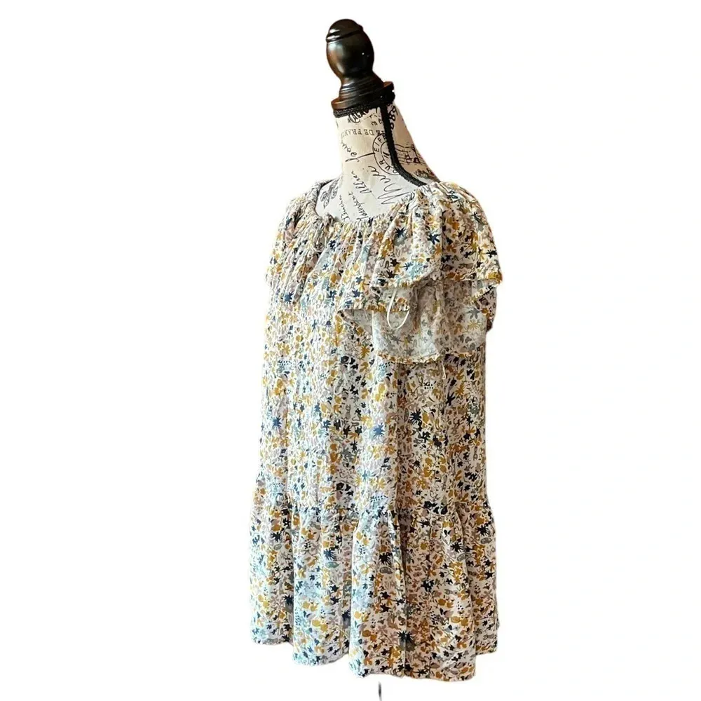 Cynthia Rowley Floral Babydoll Mini Dress XS – Yellow Blue White Peasant Tiered - Image 3