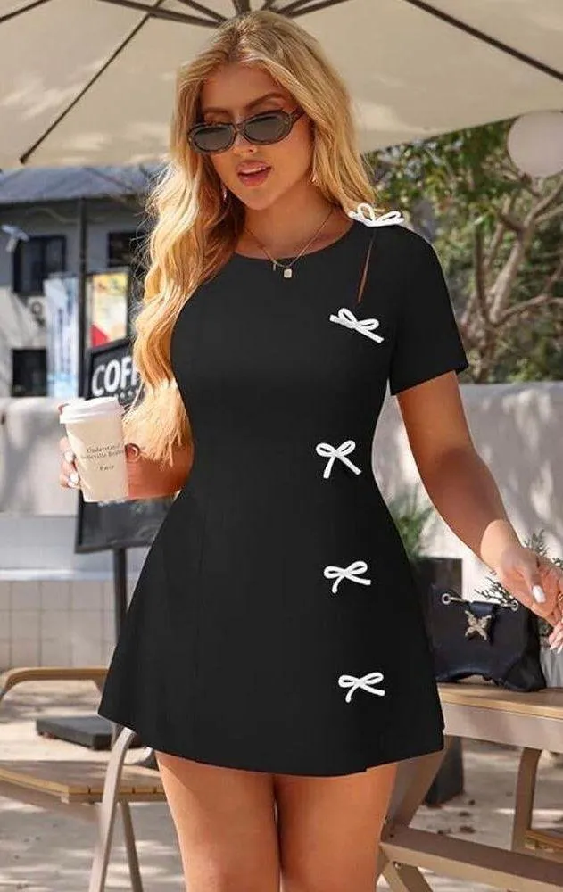 Boat Neck Bow Tie Mini Dress - Image 2
