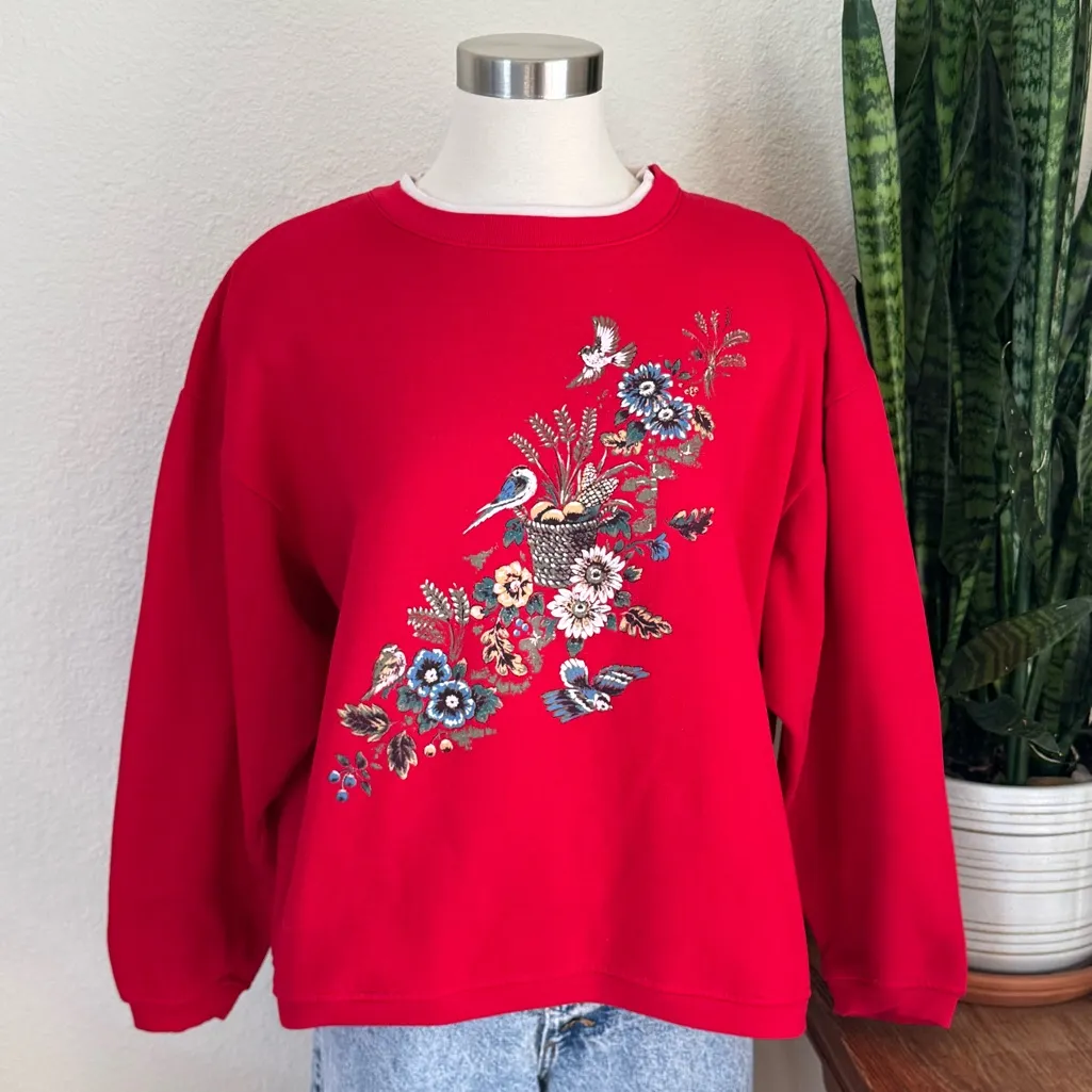 Vintage Red Floral Bird Sweatshirt Cozy Fall Grandma Core Pullover XL - Image 6