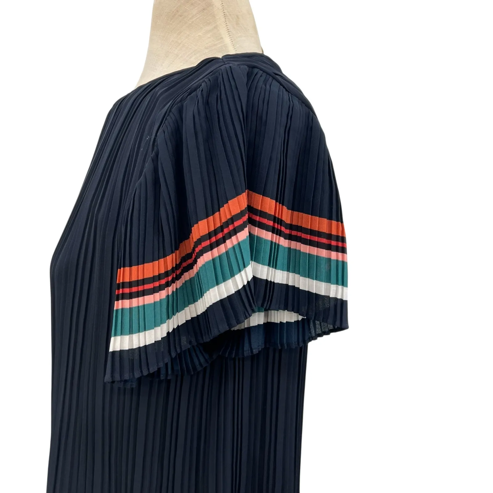 Maje Rolini‎ Dress Plisse Crepe Striped Detail Navy Blue Size 3 US Large - Image 8