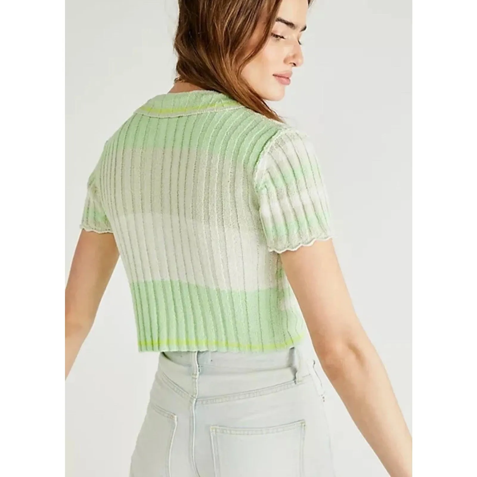 Free People Cardi Cardigan Green Stripes Buttoned Top Sz L - Image 3