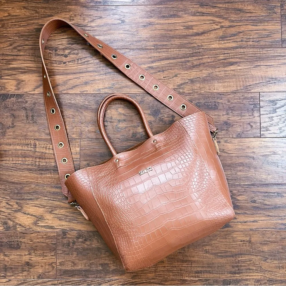 SCHUTZ • Crocodile-Embossed Tote Bag large grommet crossbody strap Dark Caramel - Image 8