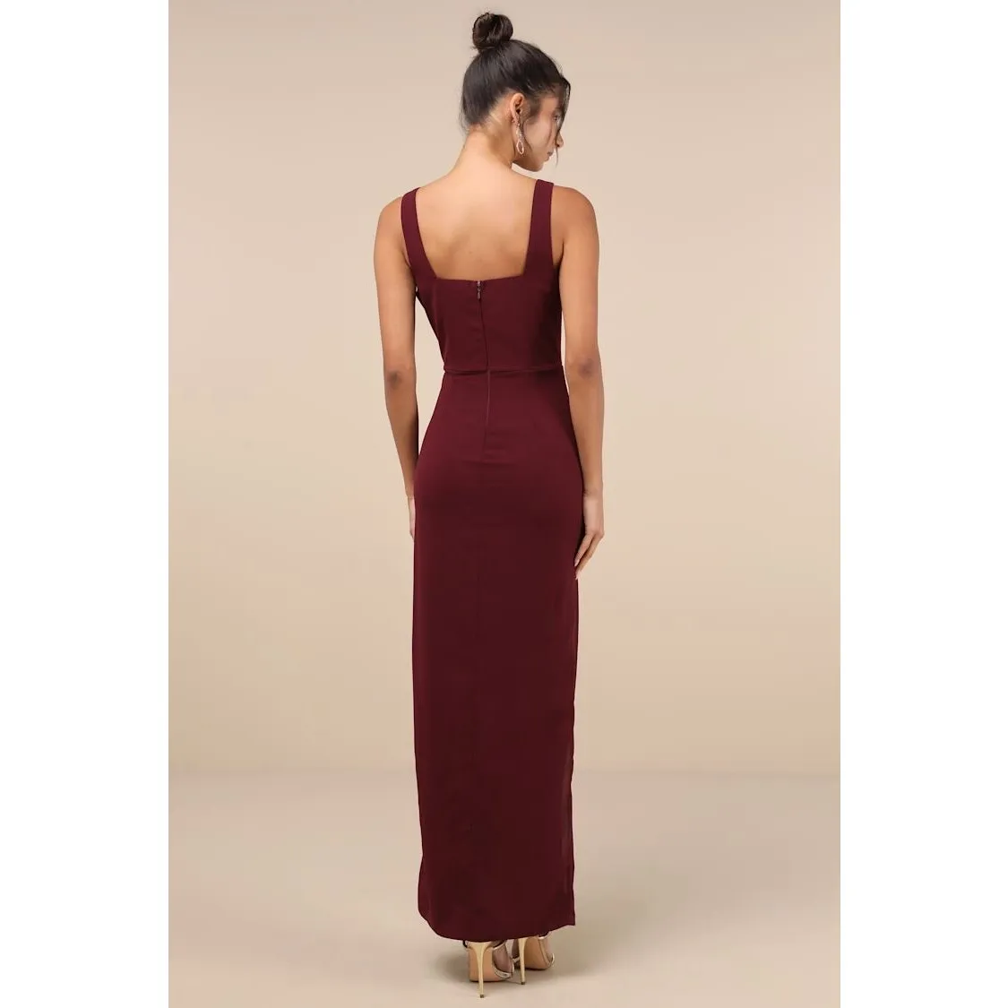 NWT Lulus Glamorous Disposition Burgundy Ruched Maxi Dress Bridesmaid Gala Sz L - Image 3