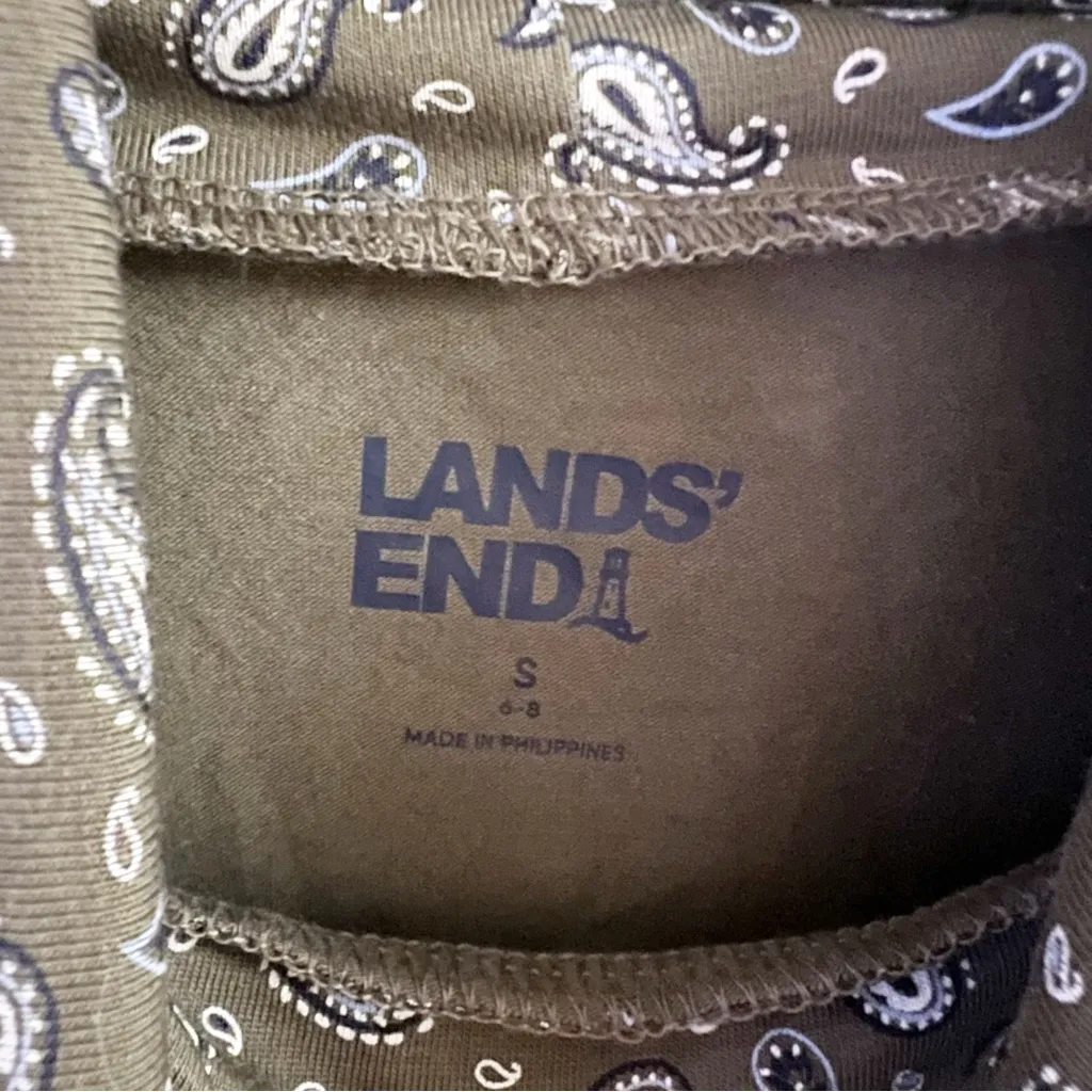 Lands’ End Forest Moss/Ivory Geo Paisley Long Sleeve Turtleneck Top Small NEW - Image 4
