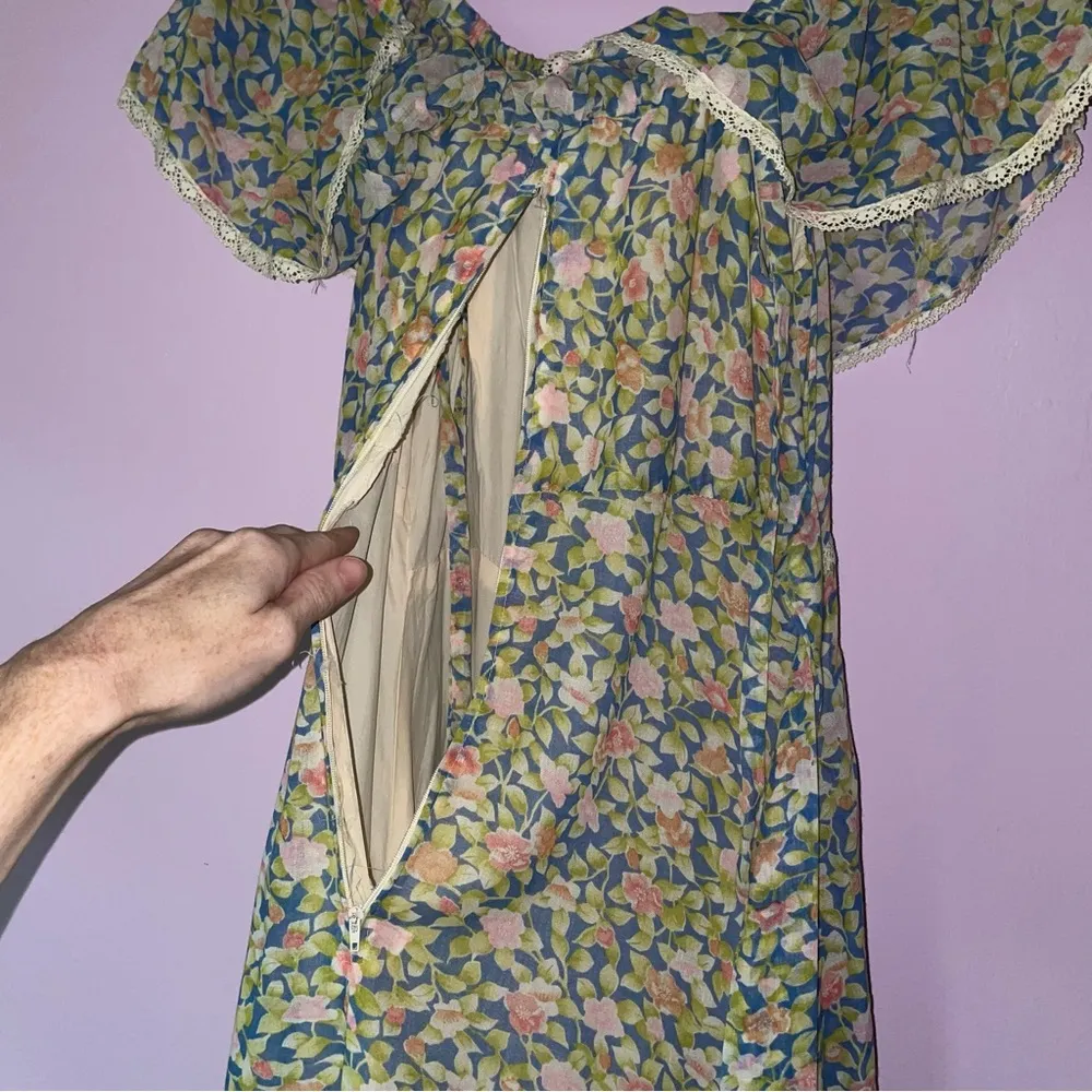 Camela of California S Maxi Dress 70s Ball Gown Blue Ditsy Floral Ruffle Boho - Image 9