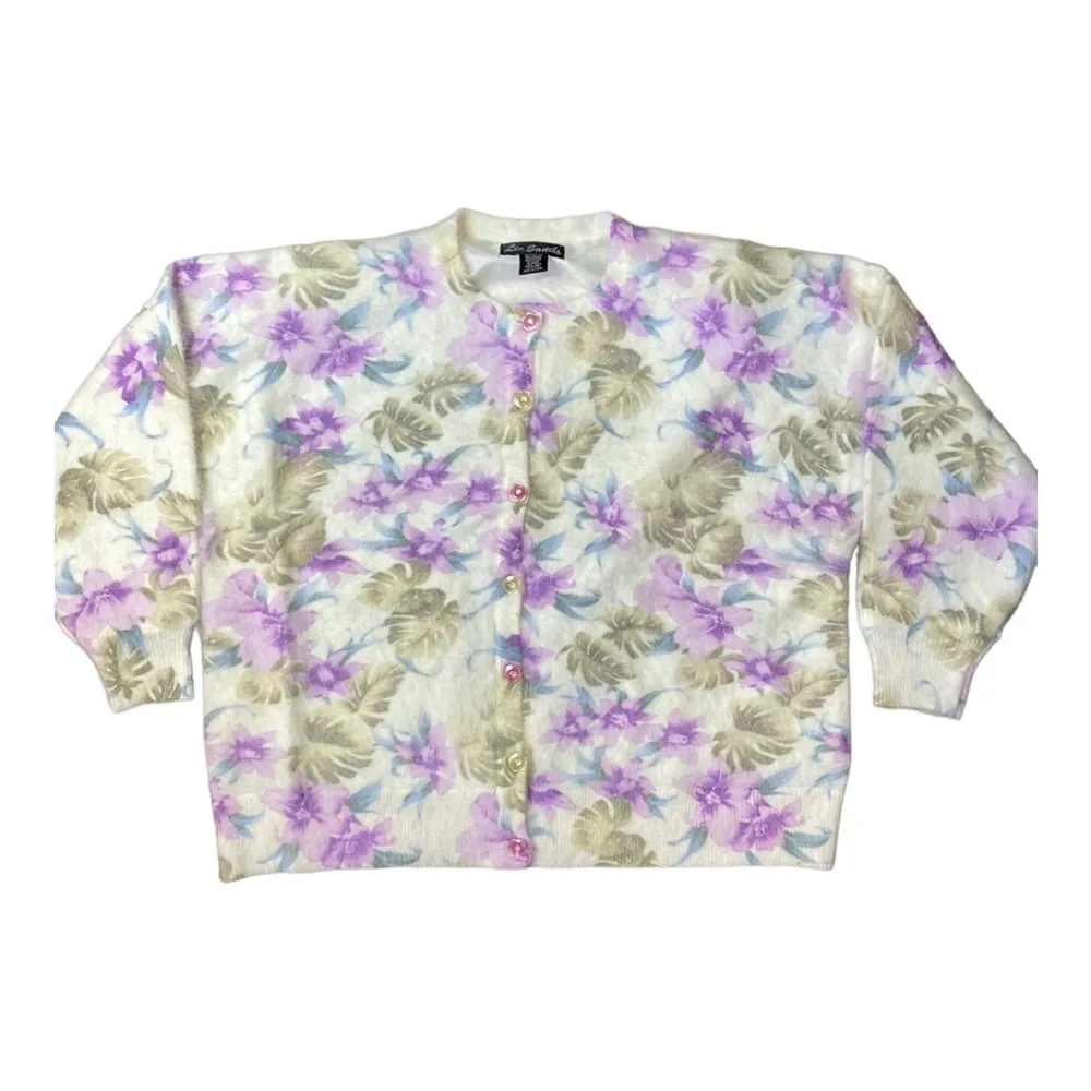 Lee Sands Women’s Orchid and Monstera Print Angora Cardigan Sweater Size 1X NWOT - Image 3