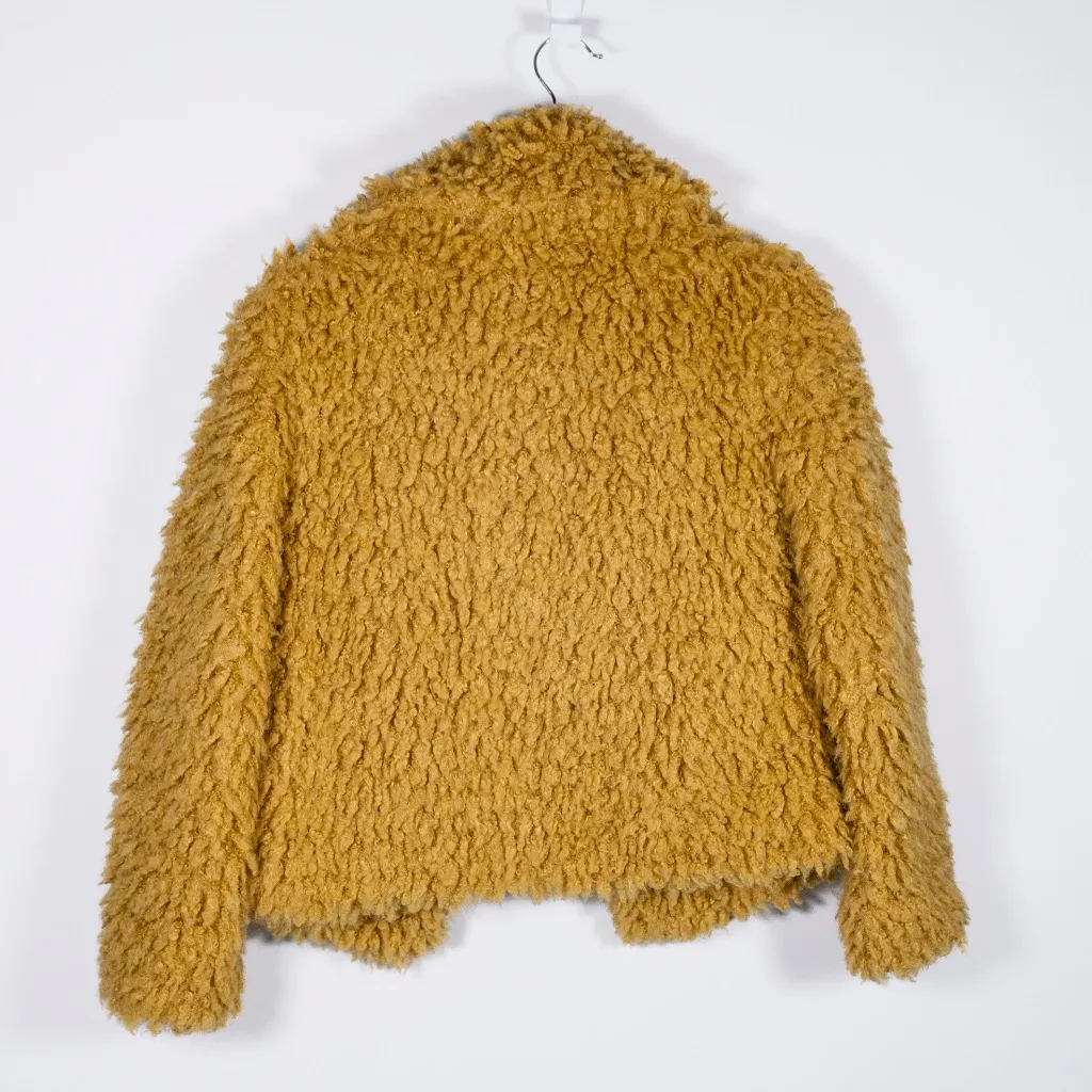 Little Moon Faux Vegan Shaggy Fur Open Front Collared Jacket Yellow XXS - Image 4