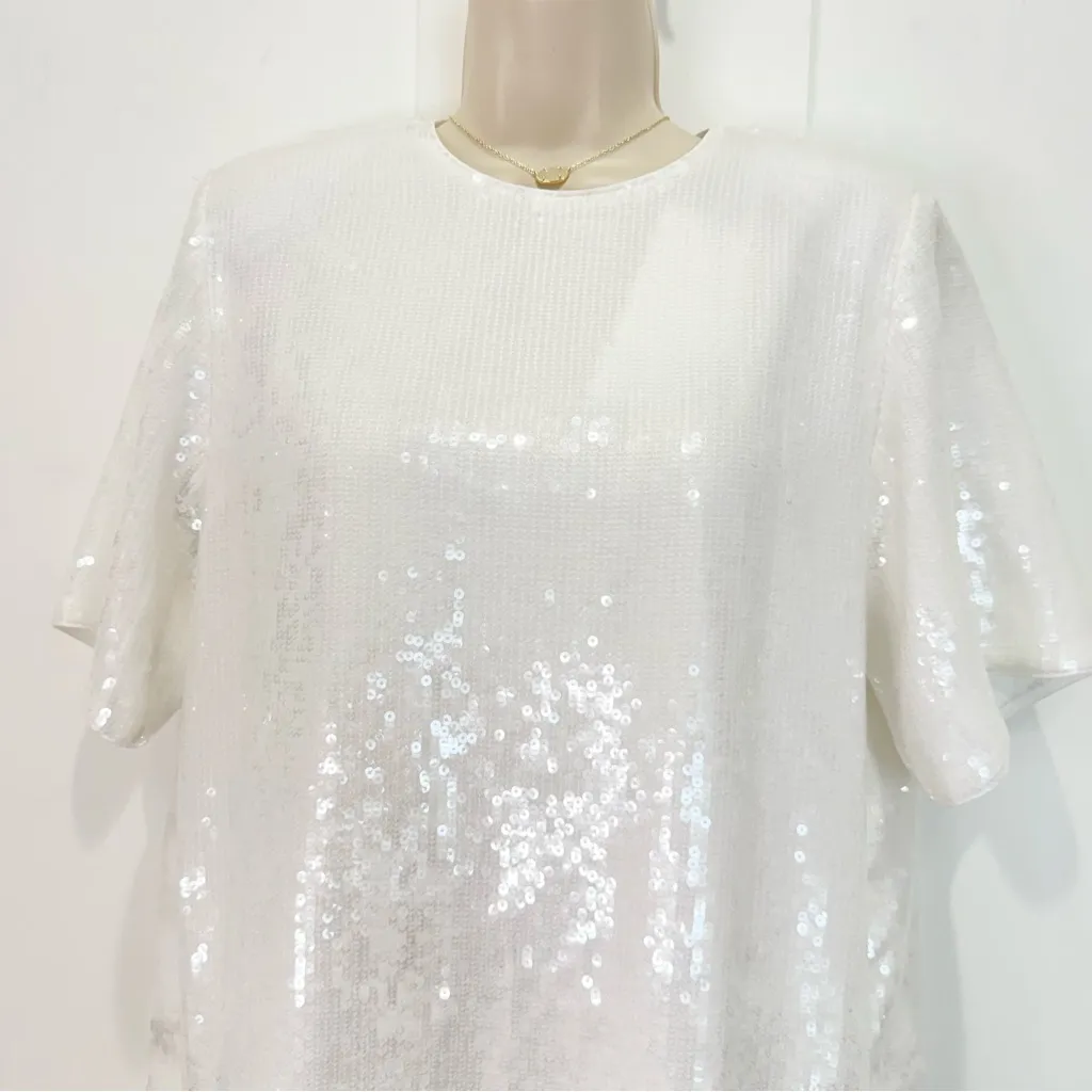 Theory Sequin T-Shirt Mini Dress Oversized White Small Chic Holiday Bridal Party - Image 7