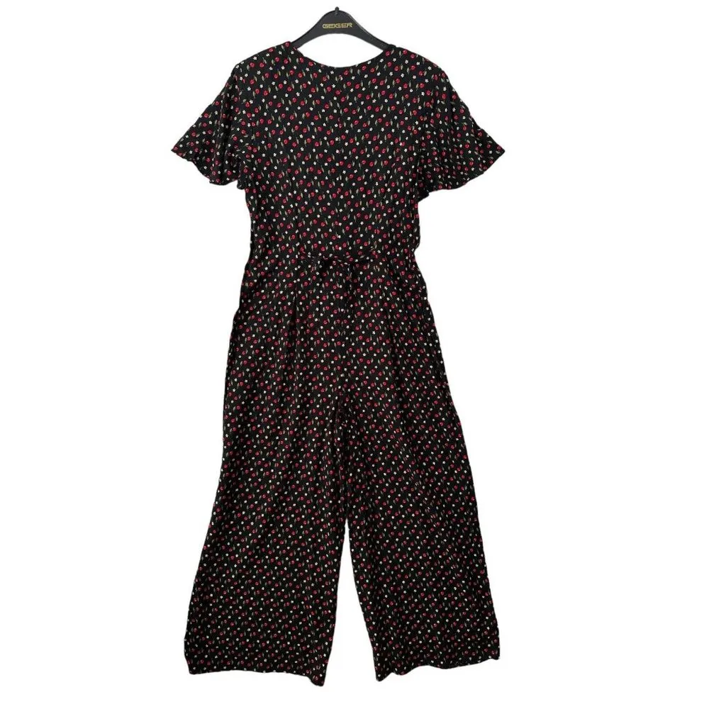 Vintage Ms Choice Womens 10 Romper Jumpsuit 90s Floral Black Red Short Sleeve US - Image 4