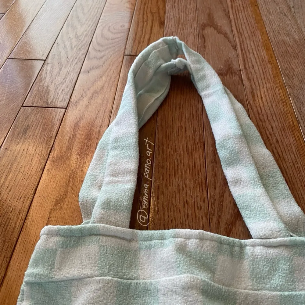 white and mint green checkered tote bag - Image 4