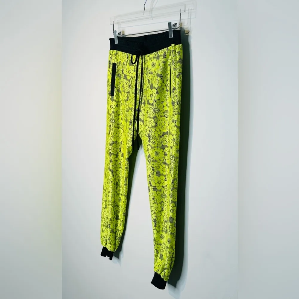 ALEXIS Neon Yellow Lace Black Satin Joggers Pants Size XS - Image 4