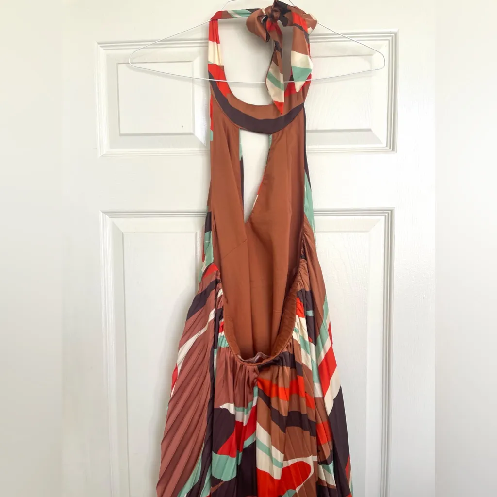 Anthropologie Hutch Halter Pleated Swing Mini Dress Orange Blue Brown White M - Image 13