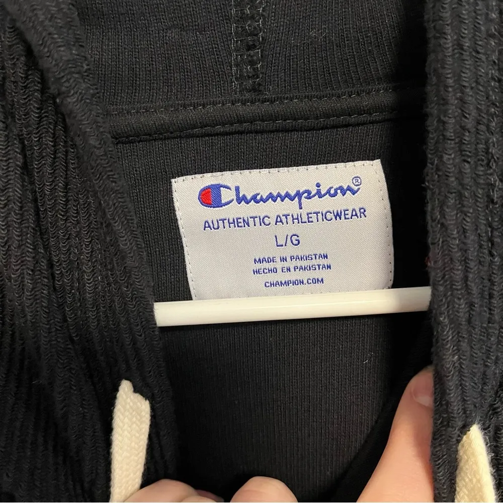 NWT Champion Black Ribbed Athletic Hoodie Cream Accents - L - Image 3