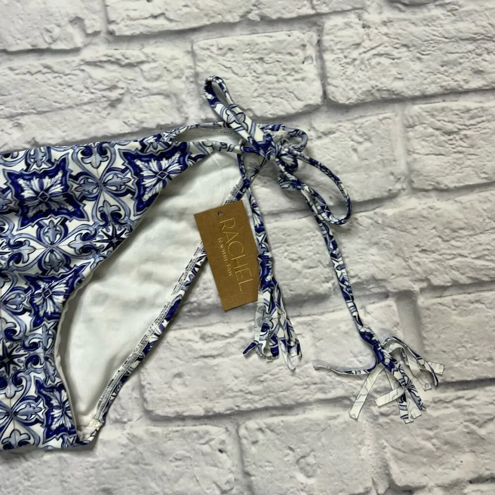 Rachel Roy Womens Side Tie Bikini Bottoms Blue White Tile Size XL New Tassel - Image 2