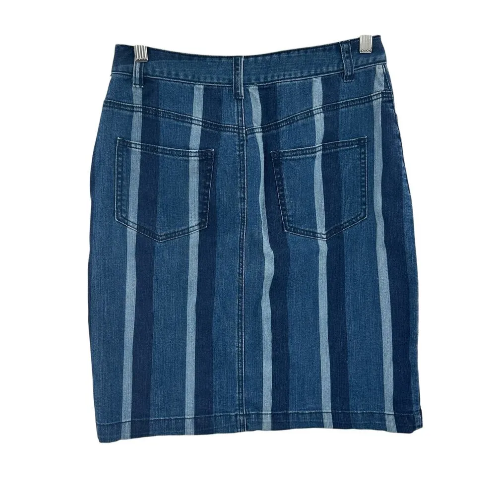 Anthropologie Maeve Denim Skirt Straight Jean Striped‎ Button Fly Blue Size US 6 - Image 6