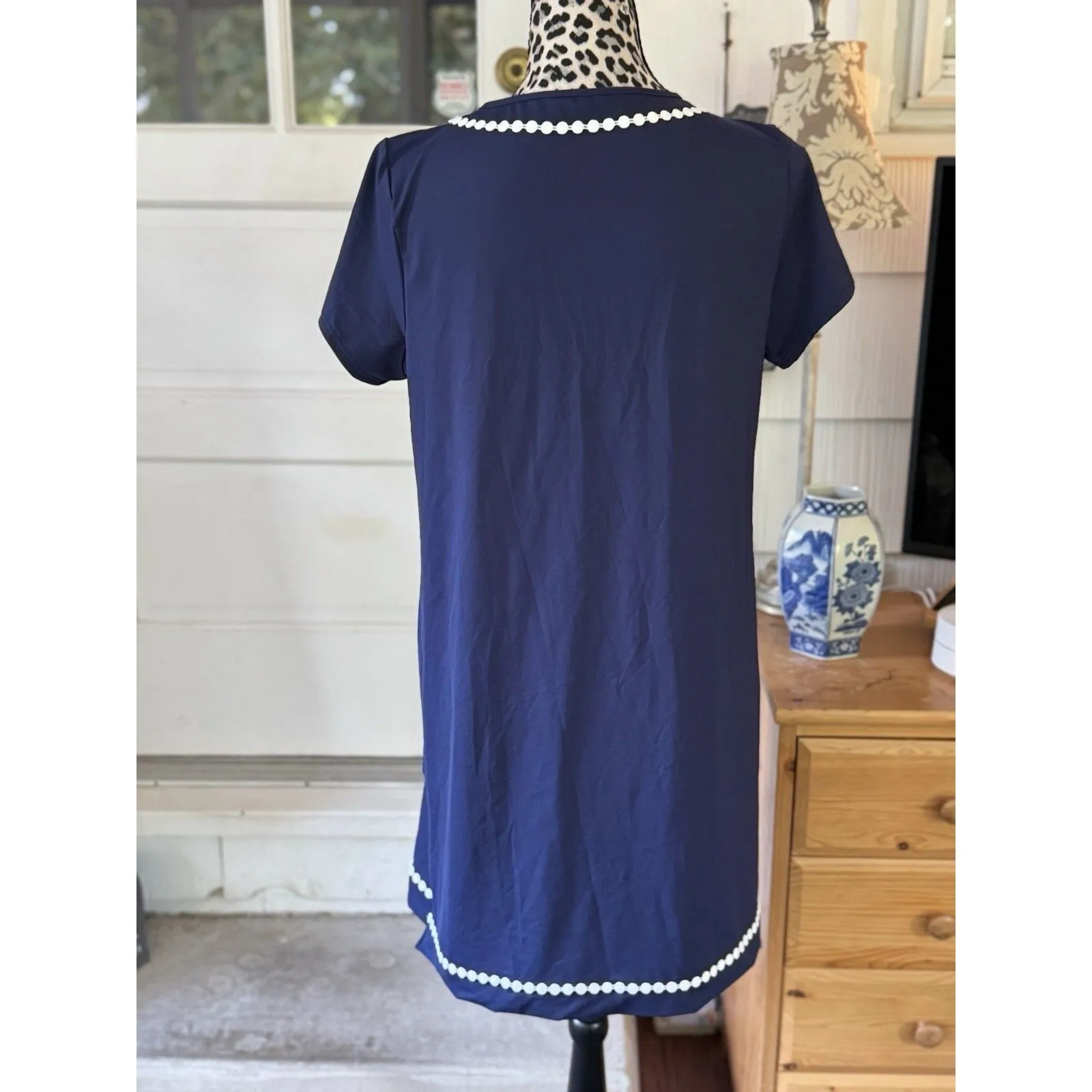 Lands End Dress Women's Medium Shift Blue crochet detail V - Image 2